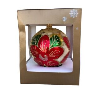 Pier 1 Imports 4.5" Poinsettia Ball European Glass Christmas Ornament New in Box